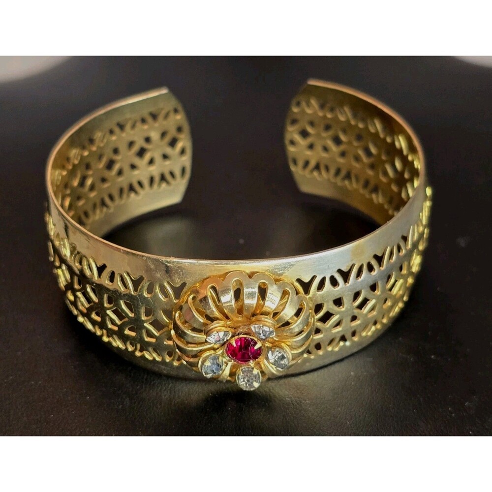 Vintage Gold Tone Filigree Cuff Bracelet Red Stone Openwork Floral Rhinestone